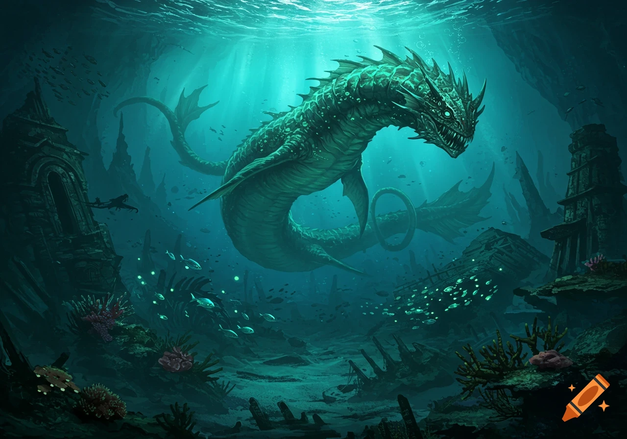 A large green sea monster with glowing eyes swims among ancient ruins and fish in a dark, sunlit underwater realm.