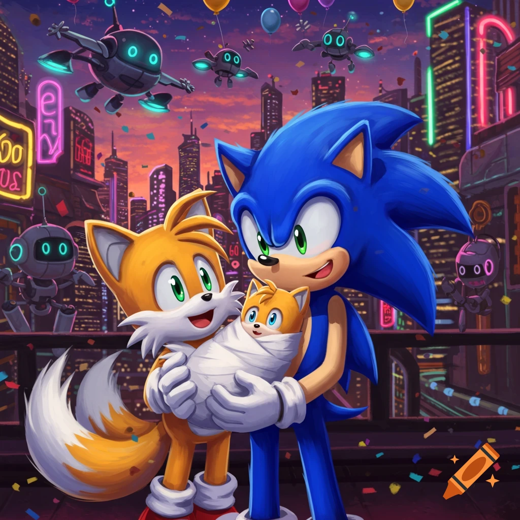 Sonic and Tails hold a baby fox in a vibrant neon cityscape with robots and balloons at sunset.