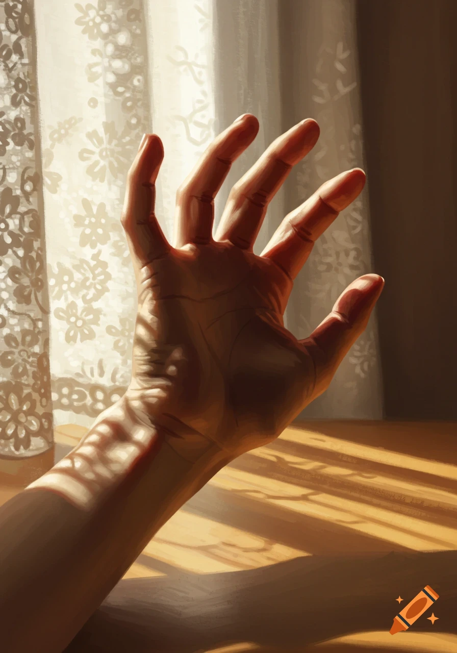 A realistic painting of a hand bathed in sunlight, casting shadows on a wooden surface, with a lacy curtain in the background.
