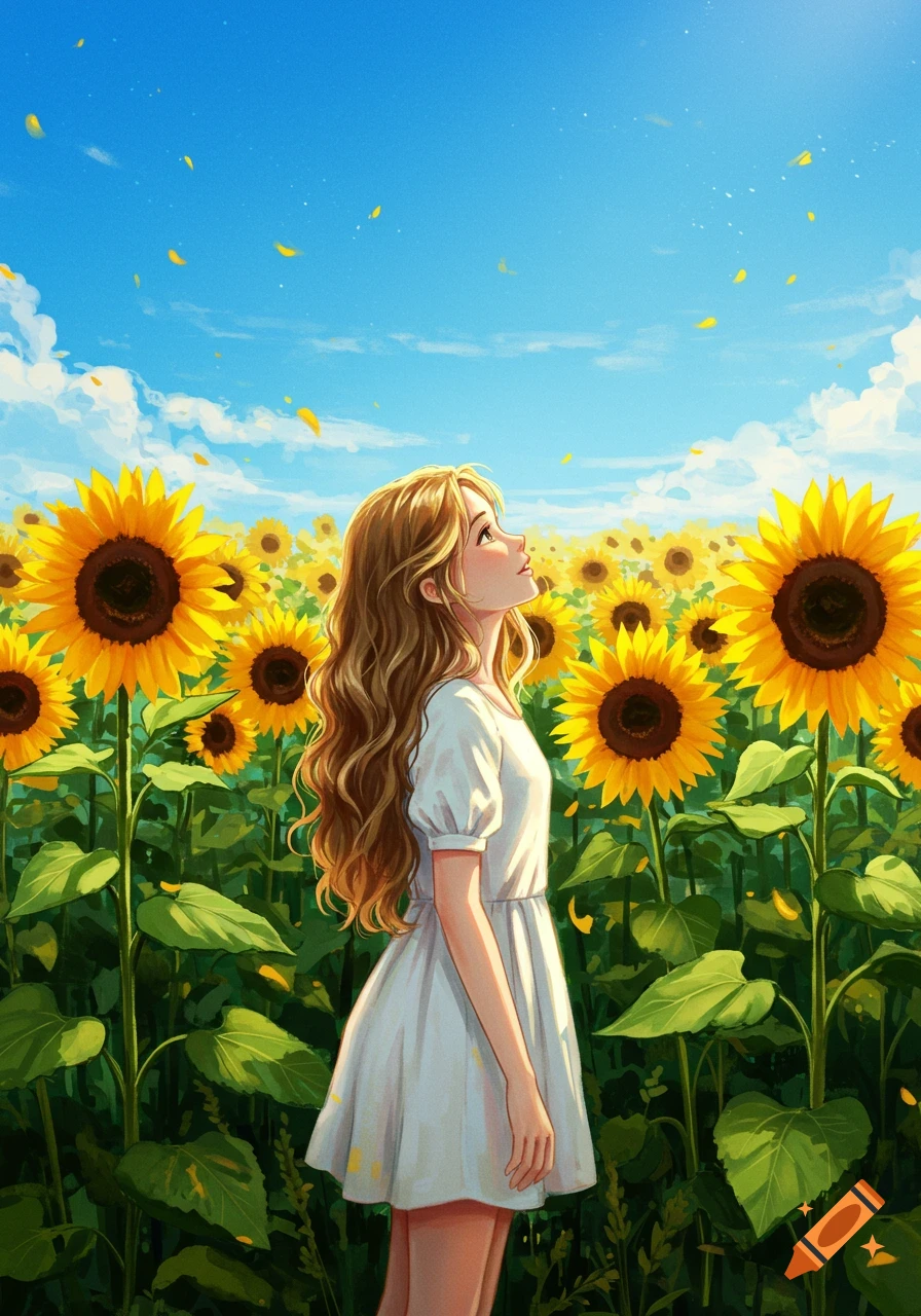 Anime-style illustration of a girl with long wavy hair in a white dress, looking up in a field of sunflowers under a bright blue sky.