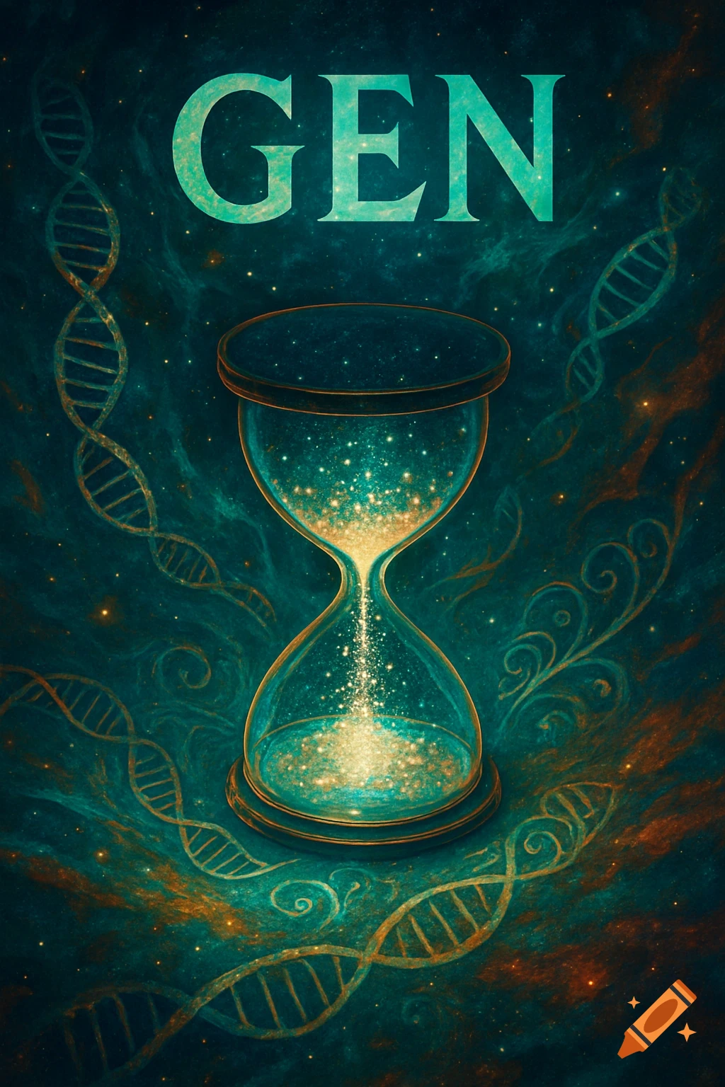 A glowing hourglass with sparkling sand, surrounded by DNA strands and cosmic nebulae in teal and gold, with "GEN" text at the top.