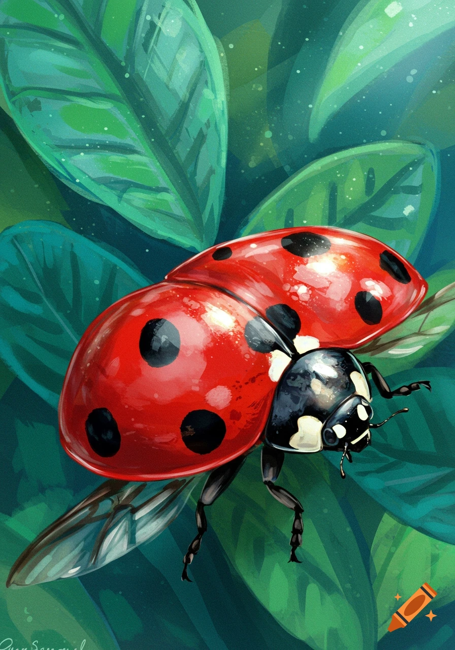 A vibrant red ladybird with black spots and transparent wings resting on large green leaves, in a digital art style.