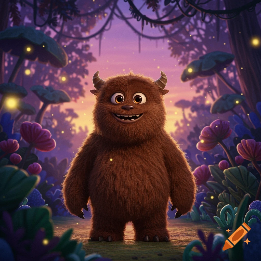 A friendly, brown, furry monster with small horns smiles brightly in a magical, glowing forest at sunset, Pixar-style.