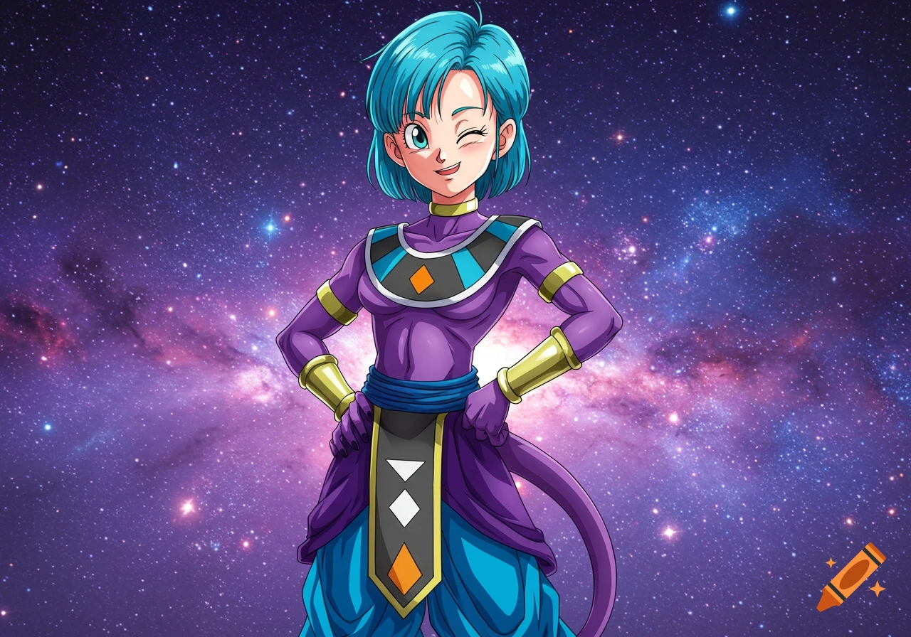Anime-style drawing of Bulma in a purple Beerus costume, winking, against a vibrant galaxy background.