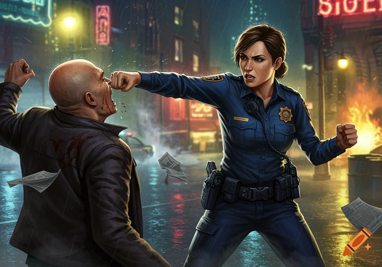 A female police officer in a dark blue uniform punches a bald man in the face, causing blood to splatter, in a rainy, neon-lit city street at night. Papers fly around them.