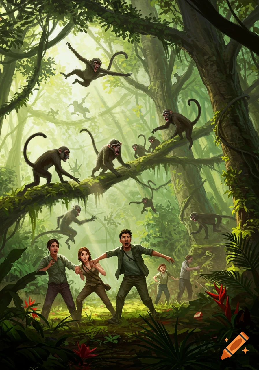 Startled people flee from aggressive monkeys swinging through a lush jungle in a vibrant digital illustration.