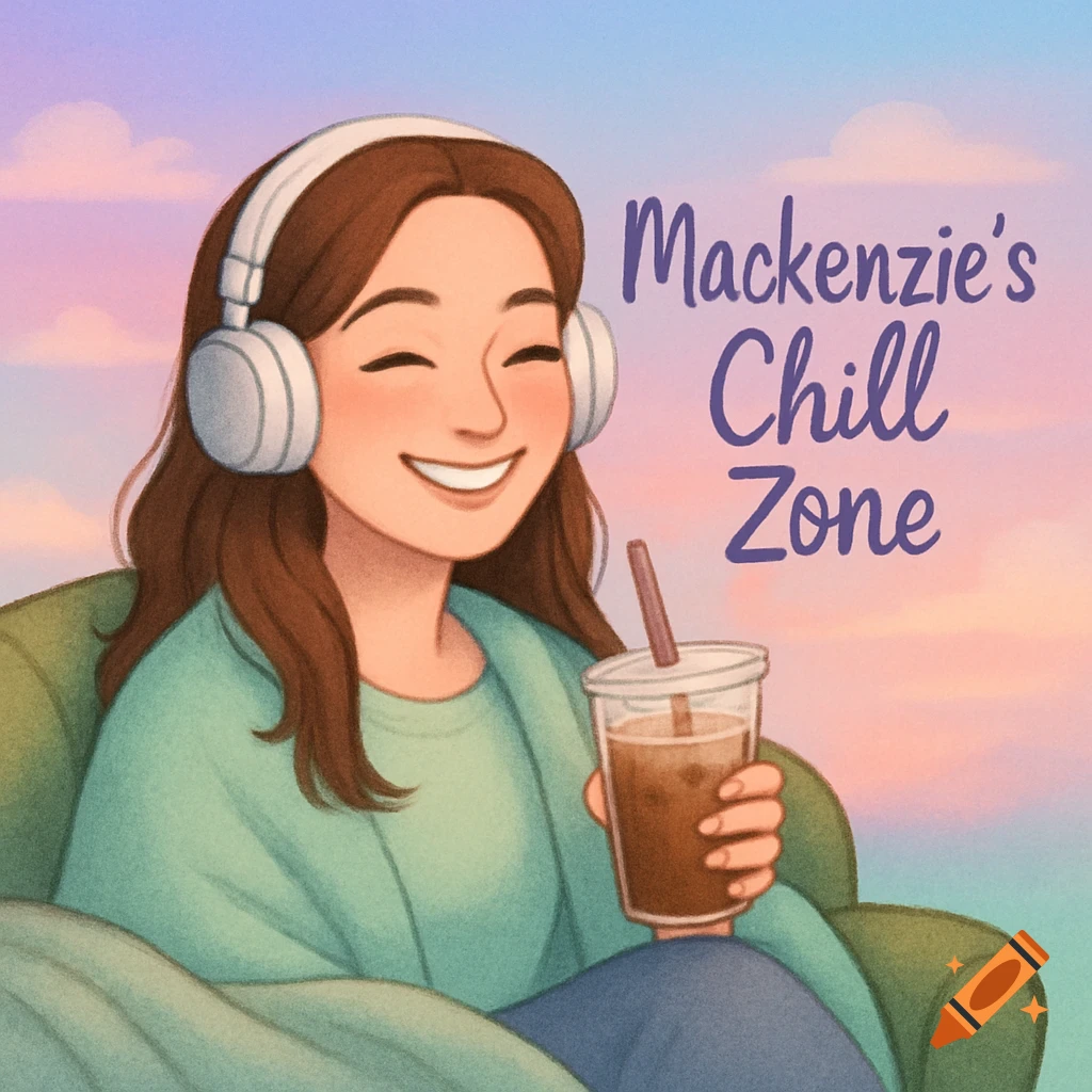 Smiling cartoon woman with headphones holds a drink against a pastel cloud background. Text: Mackenzie's Chill Zone.