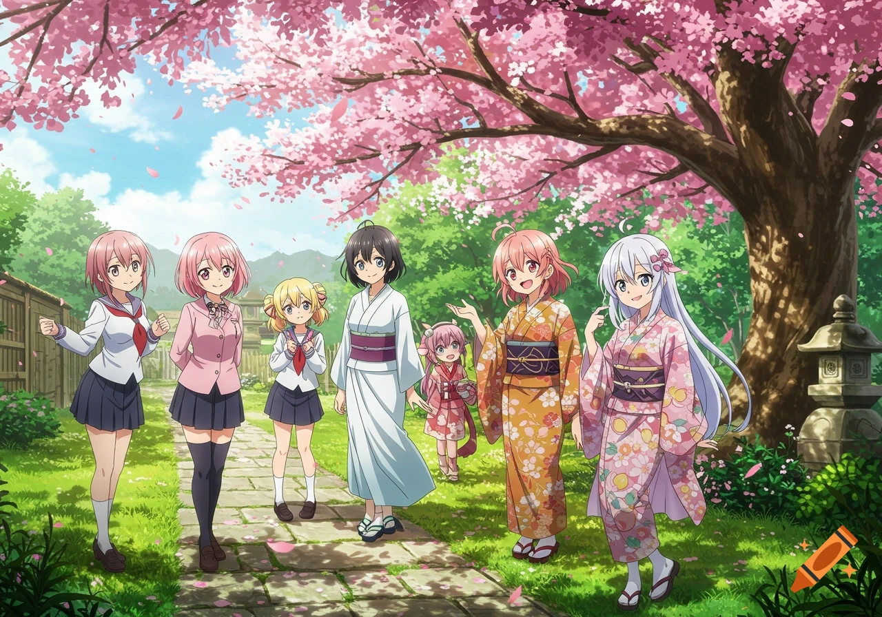 Anime girls in school uniforms and kimonos stand under cherry blossom trees in a vibrant park.