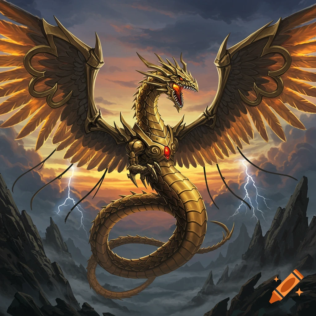 A fierce golden winged dragon with glowing red eyes roars against a dramatic sunset sky with lightning above jagged mountains.