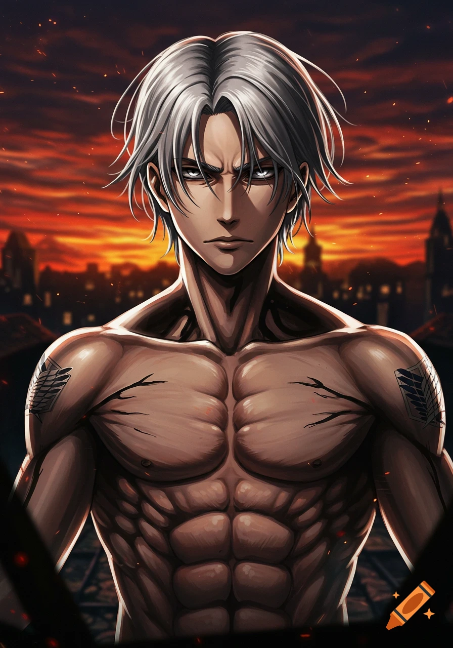 Anime character with silver hair and muscular torso in AoT style, against a fiery sunset city.