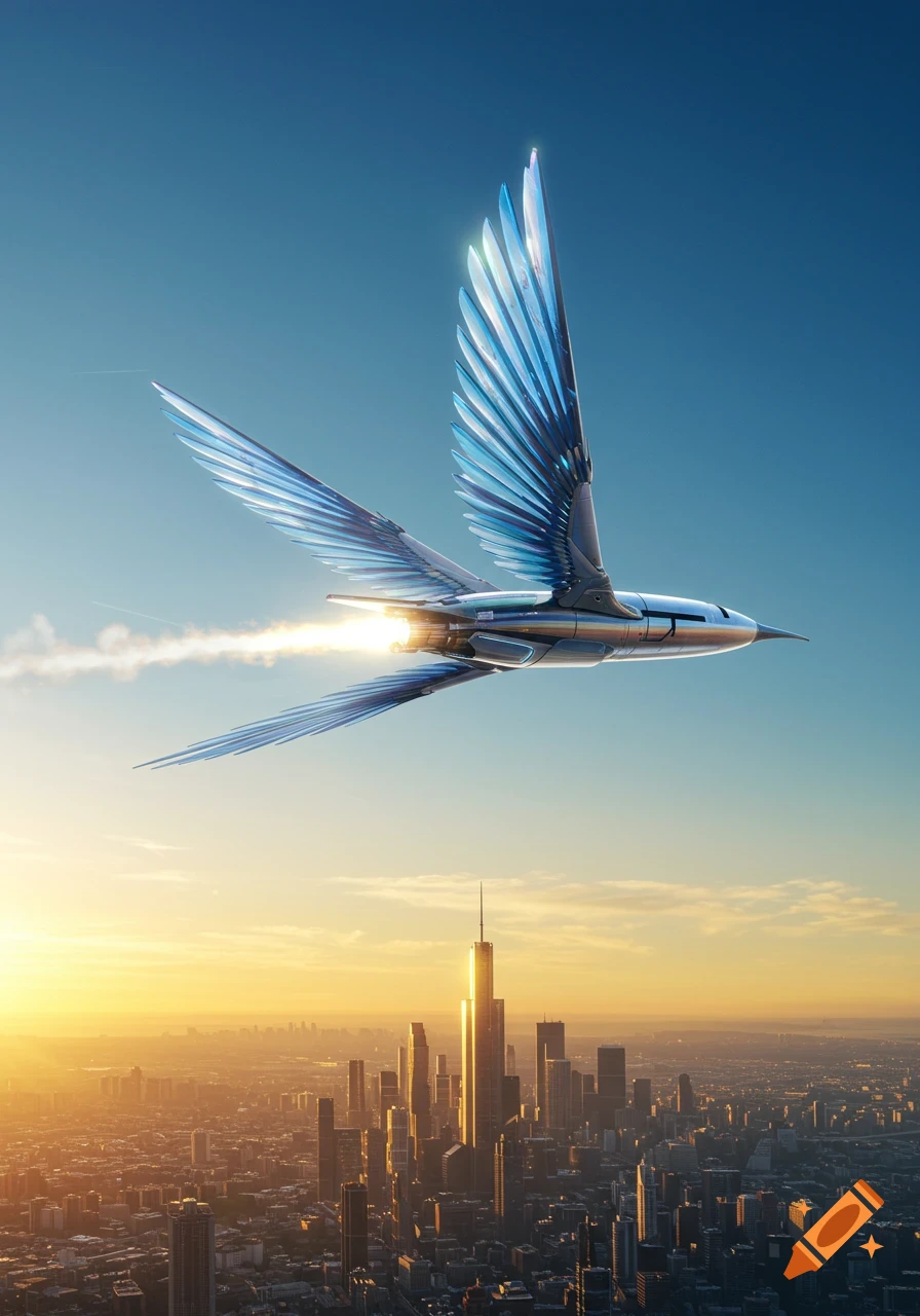 A sleek, futuristic bird-like aircraft with glowing engines flies over a sprawling city at sunset, against a clear blue sky.