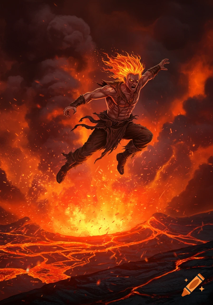 An angry, muscular man with flaming hair and glowing eyes leaps over a vibrant, churning lava field under a dark, smoky sky in a fantasy art style.