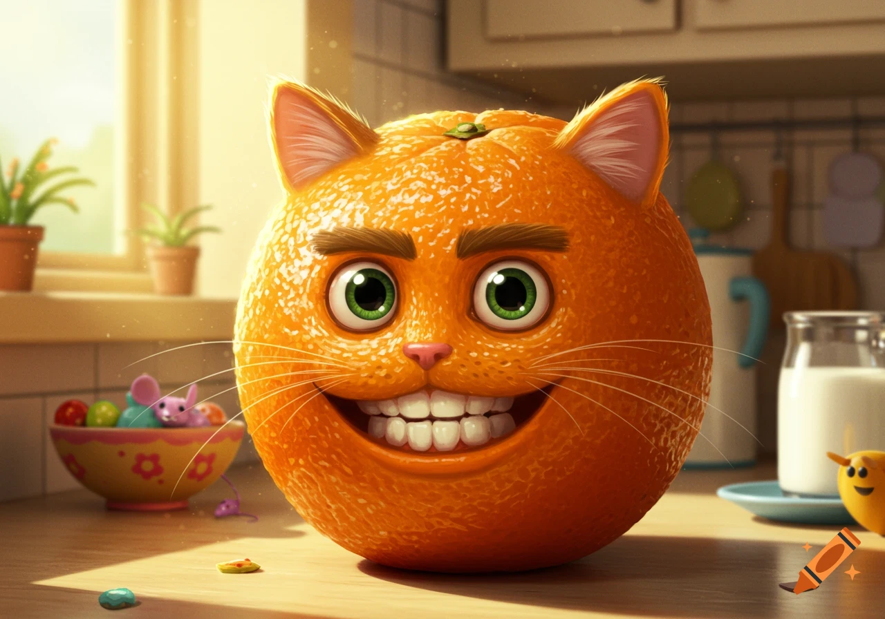 A cartoon orange with cat ears, whiskers, green eyes, and a wide grin sits on a kitchen counter.