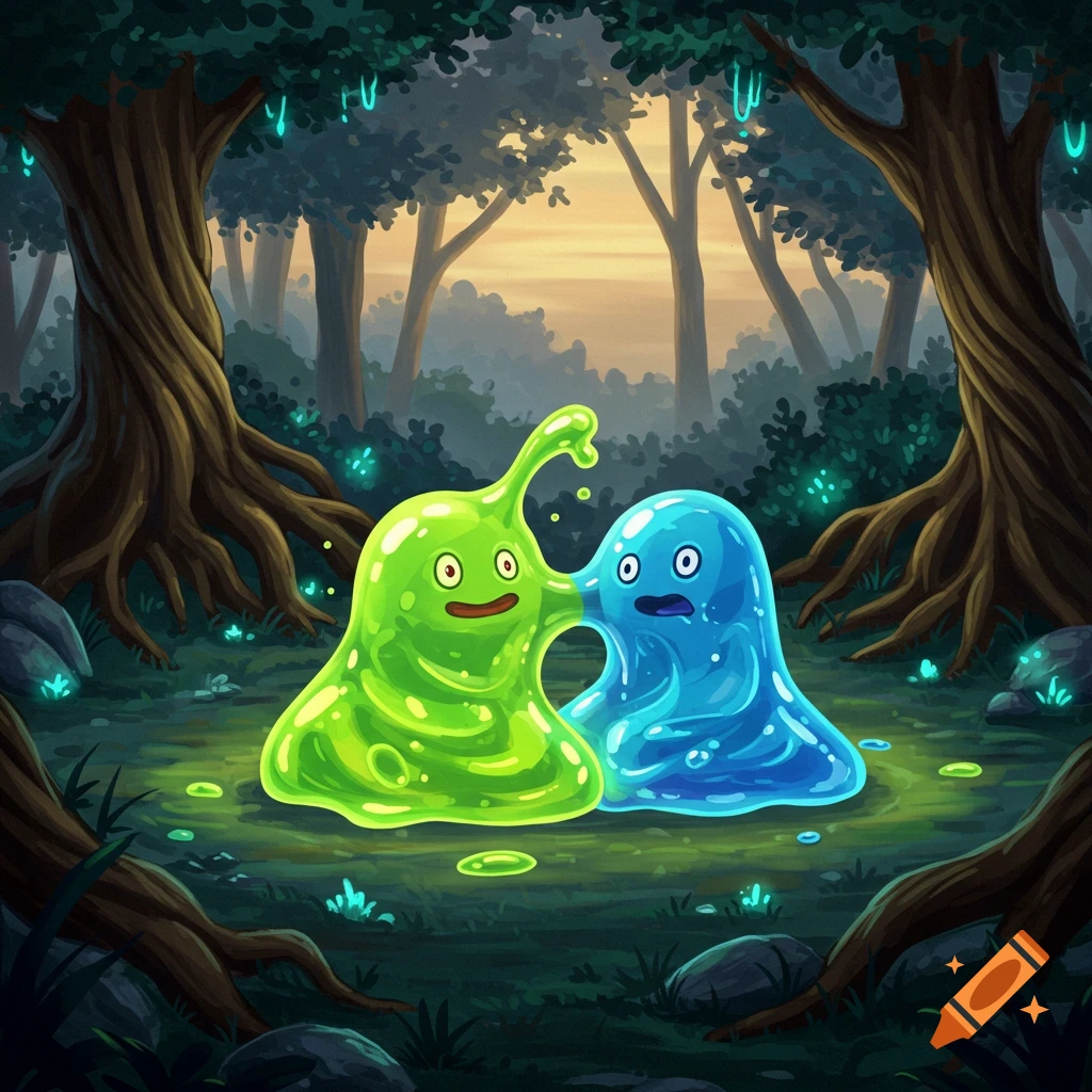 Two colorful, expressive slimes, one green and one blue, fusing together in a magical forest at sunset, in a whimsical cartoon style.