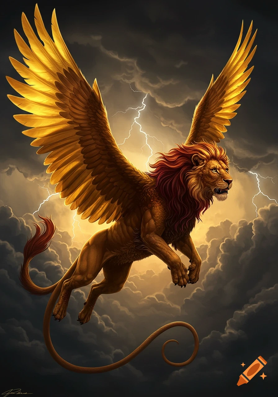 A powerful winged lion with a serpent-like tail soars through dark, lightning-filled clouds in a fantasy art style.