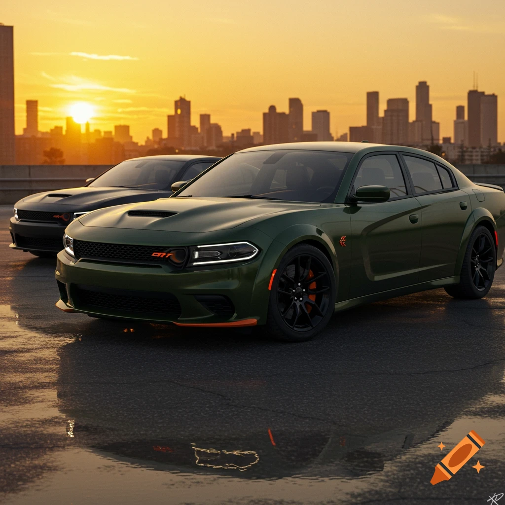 Two Dodge Charger cars, one dark green and one gray, parked on a wet surface with a city skyline and sunset in the background. Both cars have orange accents and black wheels.