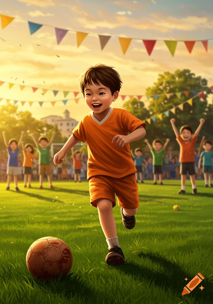 Joyful boy in orange soccer uniform kicks a ball on a sunny green field with other kids and festive banners in the background, animated style.