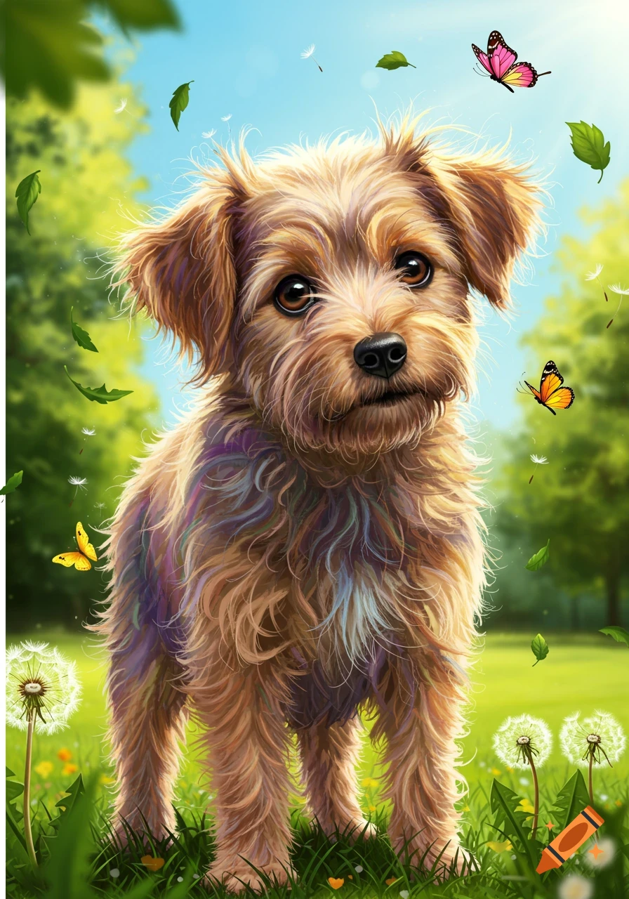 A fluffy, brown terrier puppy with big eyes stands in a vibrant green field with dandelions and butterflies, in a colorful illustration style.