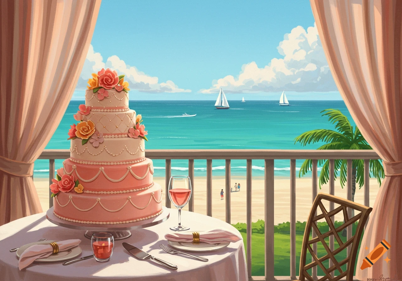 Illustrated view of a tiered cake on a balcony table overlooking a sunny beach with sailboats in the ocean.