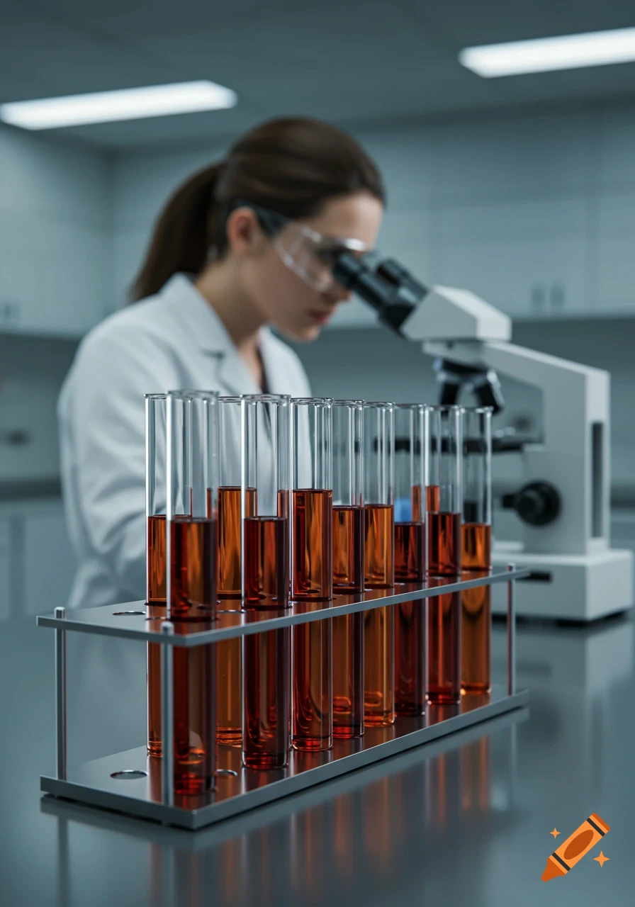Photorealistic image of test tubes with amber liquid on a lab bench, with a blurred scientist looking into a microscope in the background.