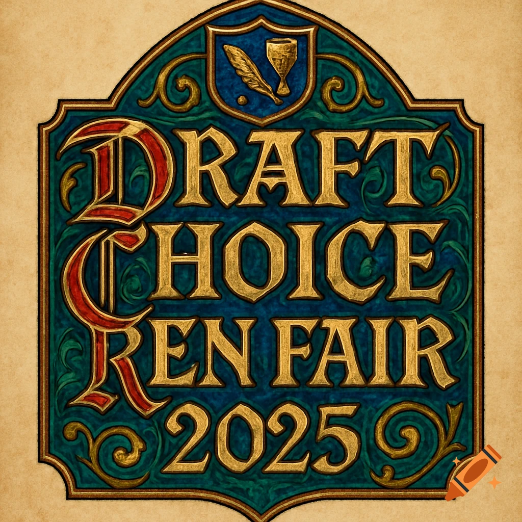 An ornate medieval-style logo for 'DRAFT CHOICE REN FAIR 2025' with gold and red lettering on a textured blue-green background.