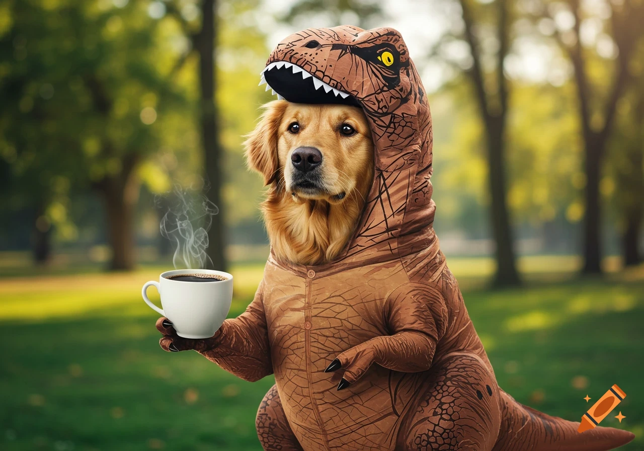 Photorealistic golden retriever in a T-Rex costume holding a steaming coffee cup in a park.