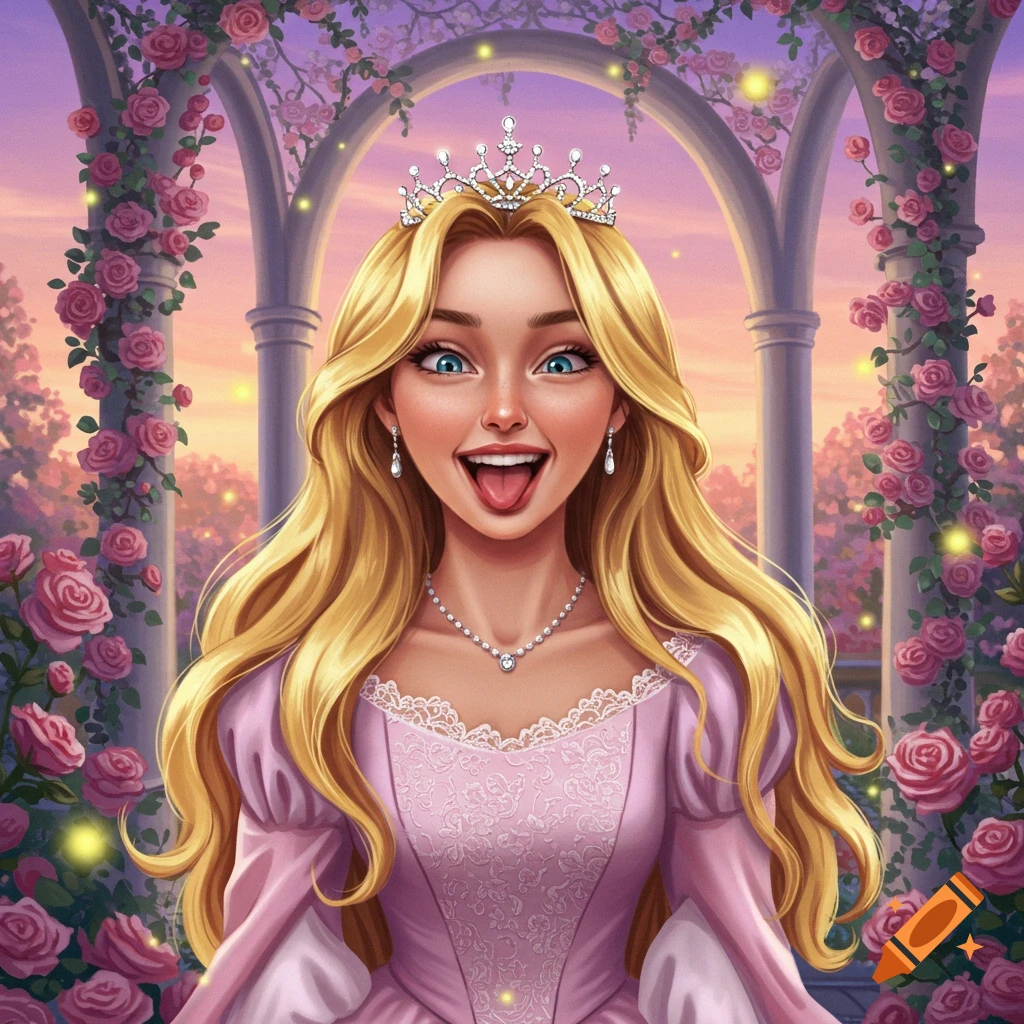 Digital illustration of a blonde princess with a tiara making a silly face, tongue out, in a rose garden.