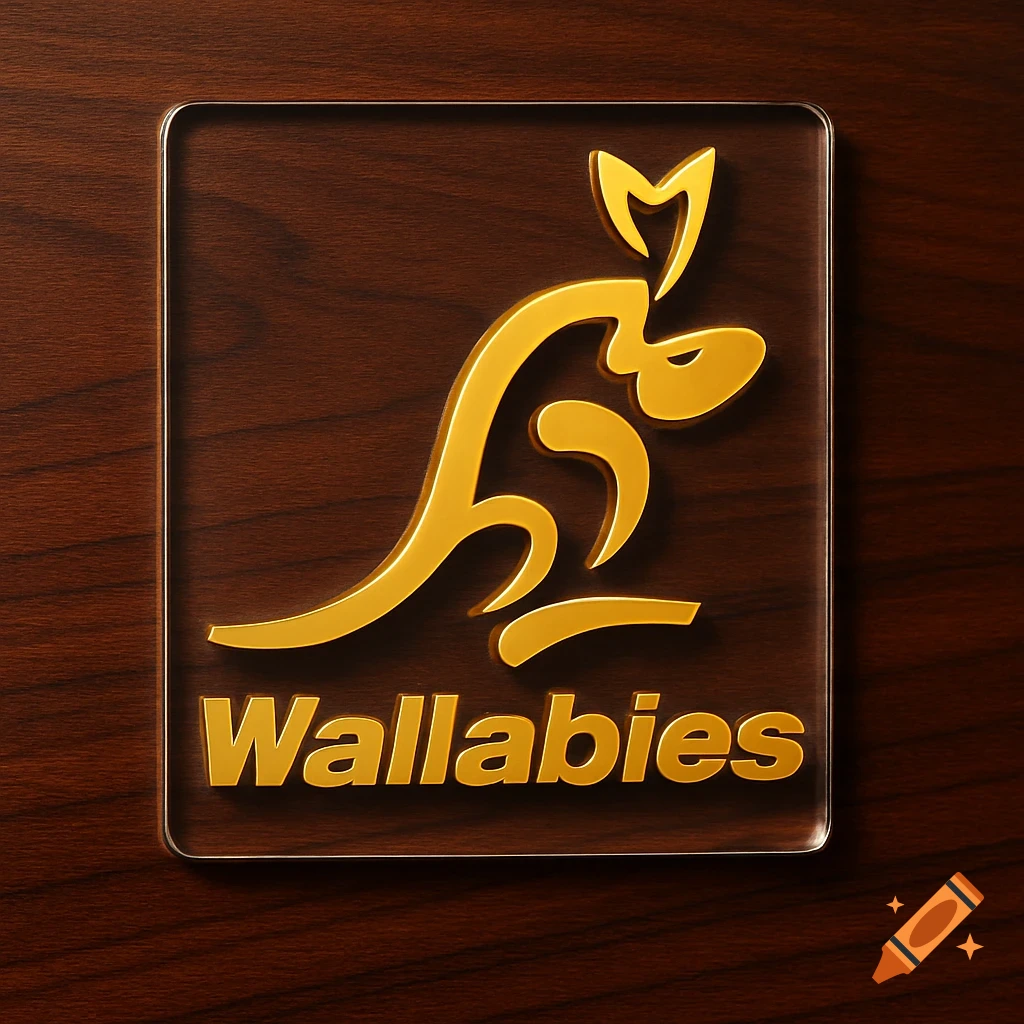A gold Wallabies rugby logo on a clear acrylic plaque, set against a dark wood background.
