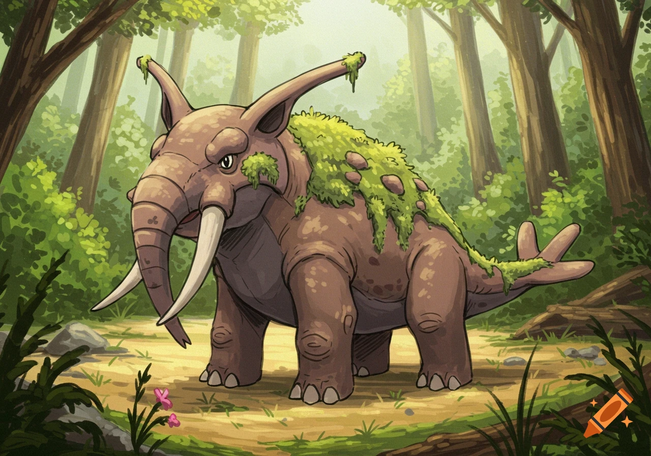 A brown, tusked, elephant-like fantasy creature covered in green moss stands in a lush forest. Cartoon style.