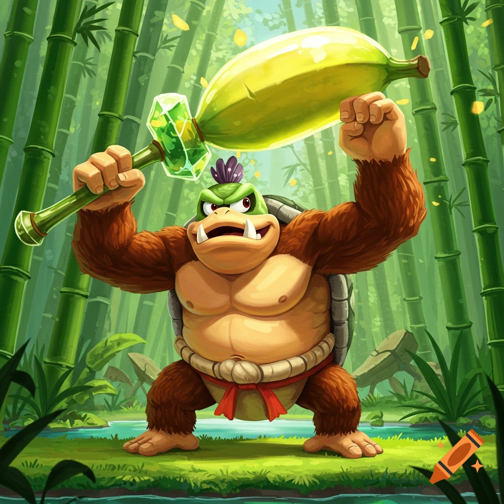 A muscular, anthropomorphic green turtle/ape hybrid, inspired by Donkey Kong, wields a crystal banana hammer in a vibrant bamboo forest.