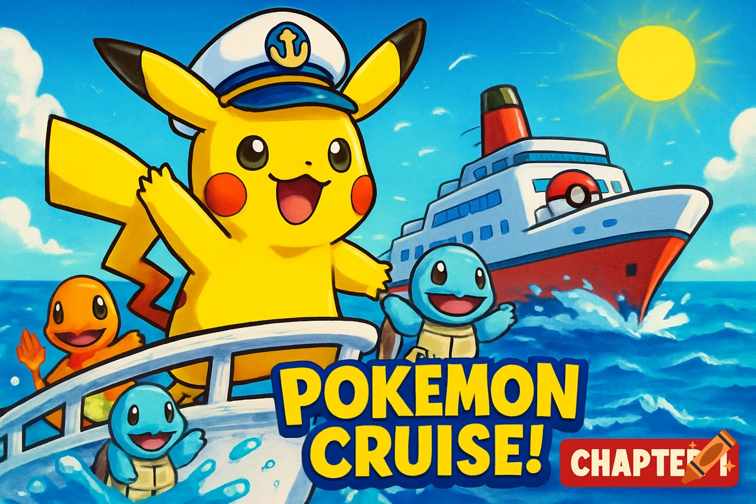 Pikachu in a captain's hat, Squirtle, and Charmander on a boat, with a large cruise ship in the background. Text reads 'POKEMON CRUISE! CHAPTER 1'.