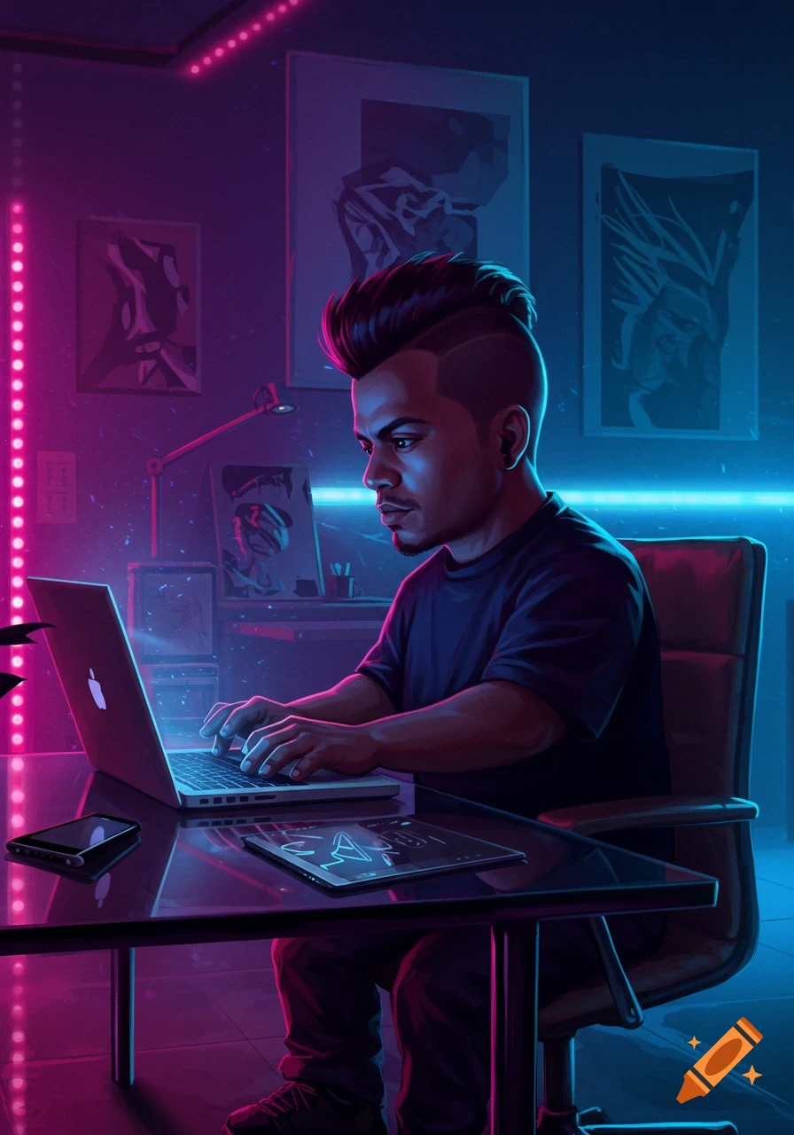 A stylized digital art image of a man with a bold haircut working on a laptop in a vibrant, neon-lit room.