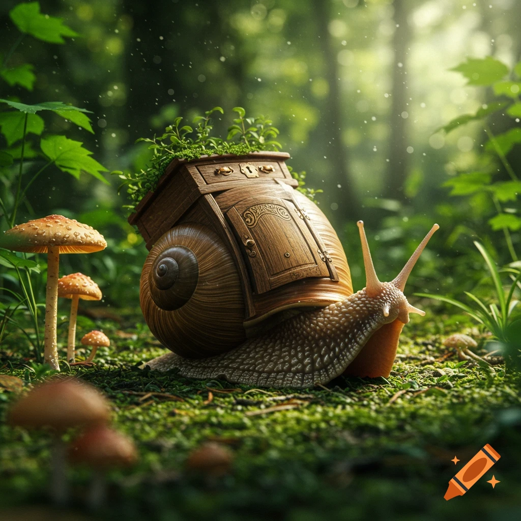 Photorealistic image of a snail with a wooden cupboard as its shell, crawling on a mossy forest floor with mushrooms.