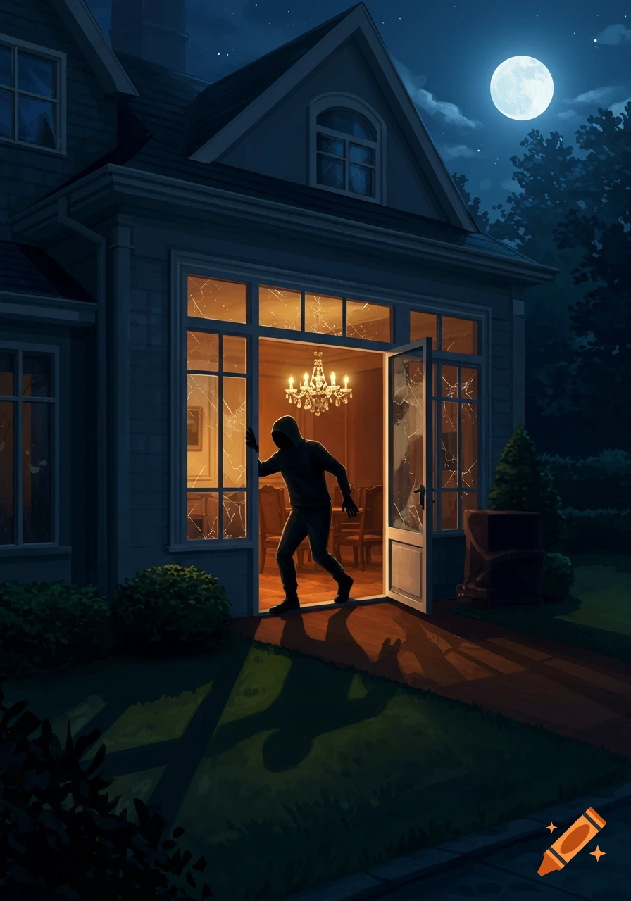 An illustration of a hooded figure breaking into a house through a shattered glass door at night under a full moon.