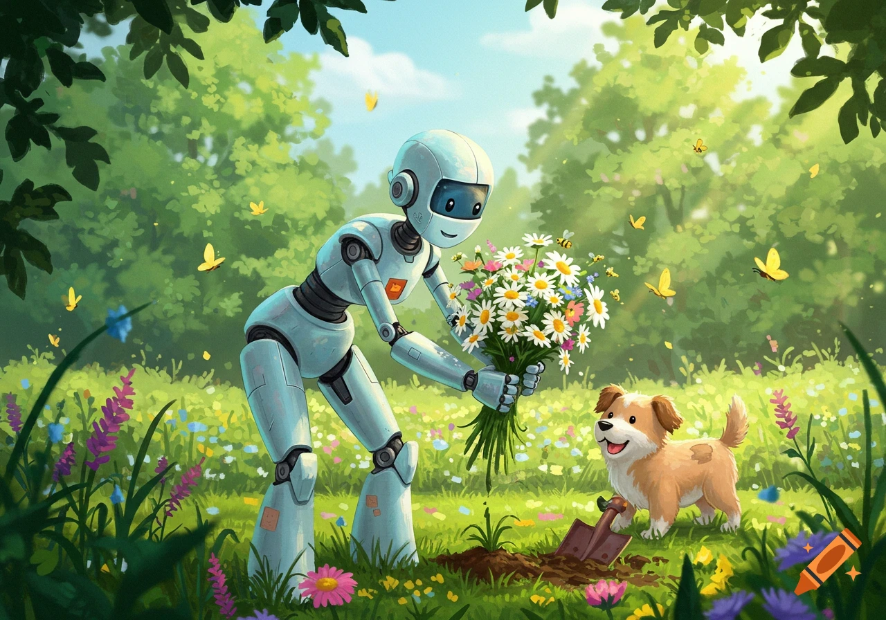 A cute cartoon robot planting flowers in a vibrant green field with a happy brown puppy digging in the dirt nearby.