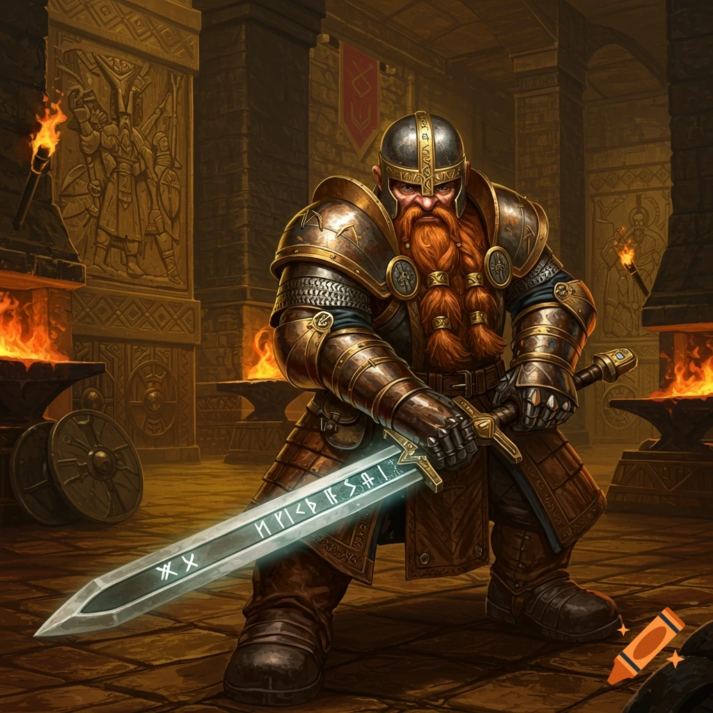 An old dwarven warrior with a red beard, wearing armor, holds a glowing sword in a dimly lit forge.