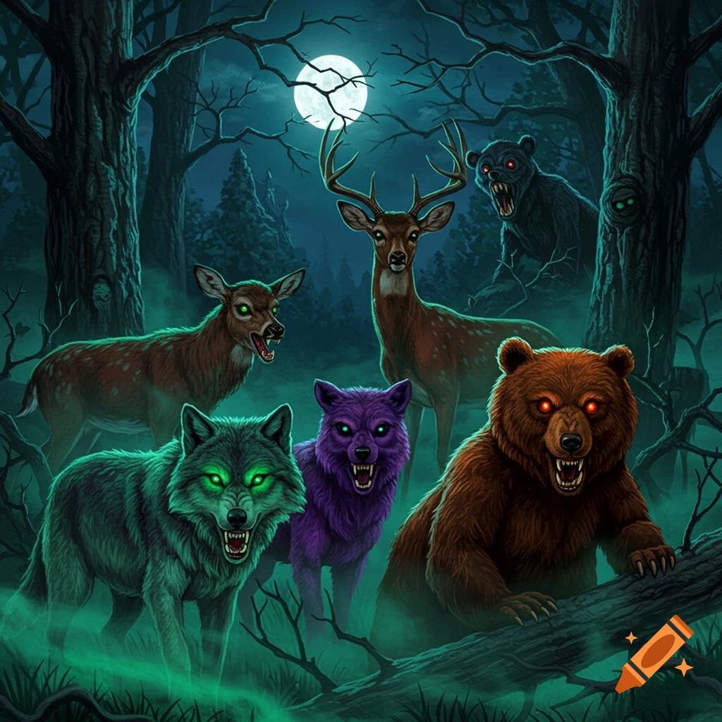 A creepy illustration of an evil pack of glowing-eyed wolves, deer, and bears in a dark, eerie forest under a full moon, in a Goosebumps-like style.