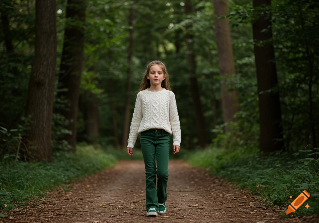 A young girl with long brown hair, wearing a white sweater, green jeans, and green canvas shoes, walks down a dirt path in a lush forest.