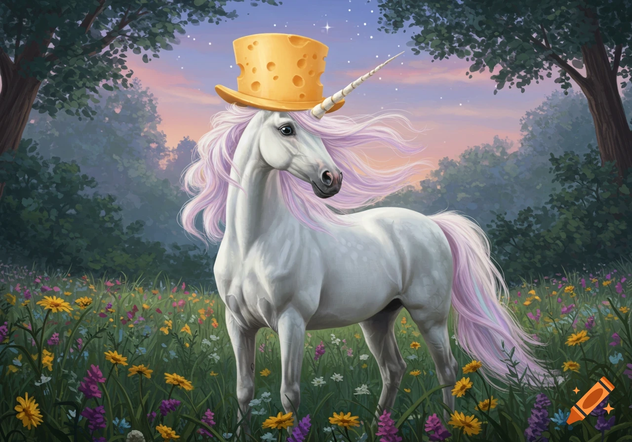 A white unicorn with a pink mane and a Swiss cheese top hat stands in a field of colorful wildflowers at twilight.