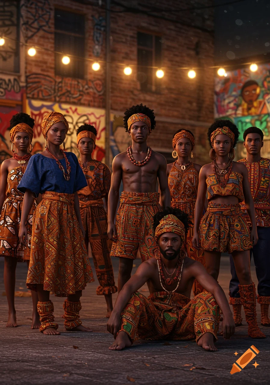 A group of young Black people in vibrant, patterned clothing gather in an urban setting under string lights.