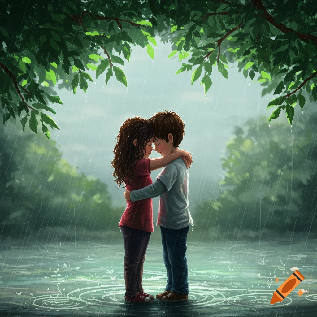 Illustrative scene of a boy and girl hugging tenderly in the rain under green leaves.