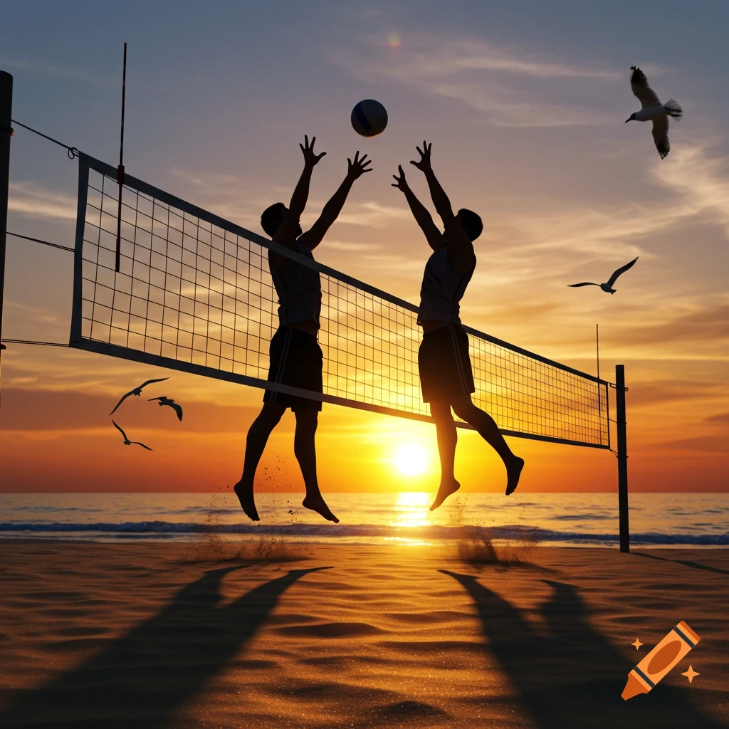 Silhouettes of two men playing beach volleyball, jumping to hit the ball over the net, against a vibrant sunset sky with the sun reflecting on the ocean.