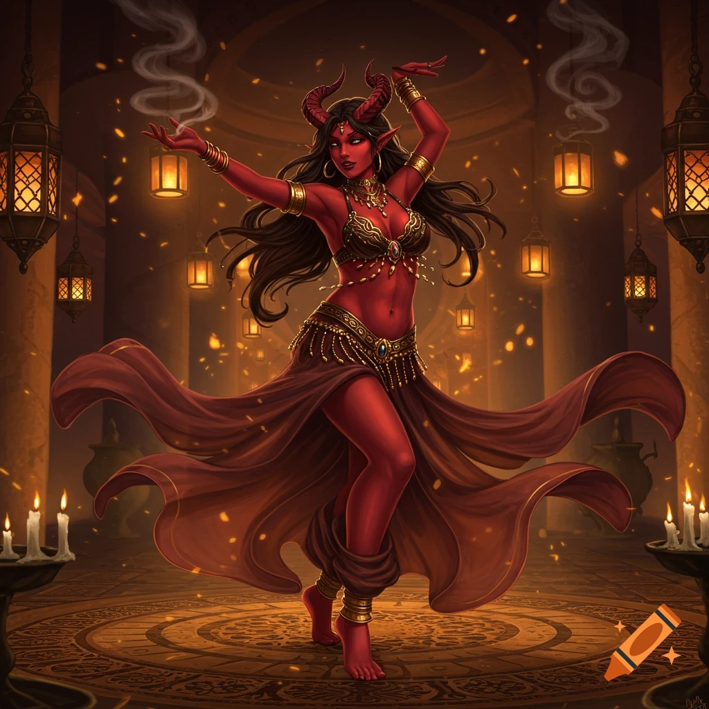 A red-skinned female tiefling belly dancer with horns dances in an ornate, lantern-lit hall, digital art.