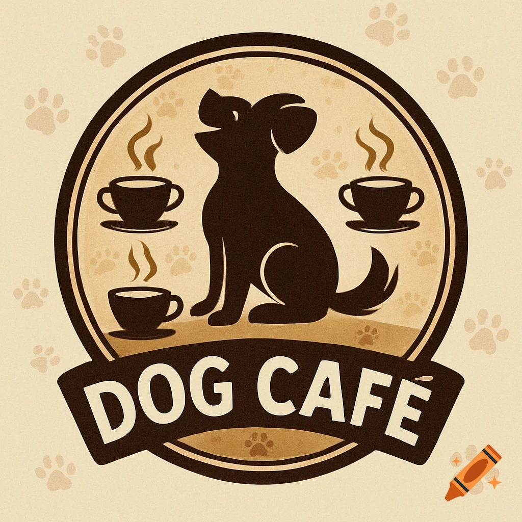 Vintage-style logo for a 'DOG CAFE' featuring a dog silhouette and coffee cups in a circular design.