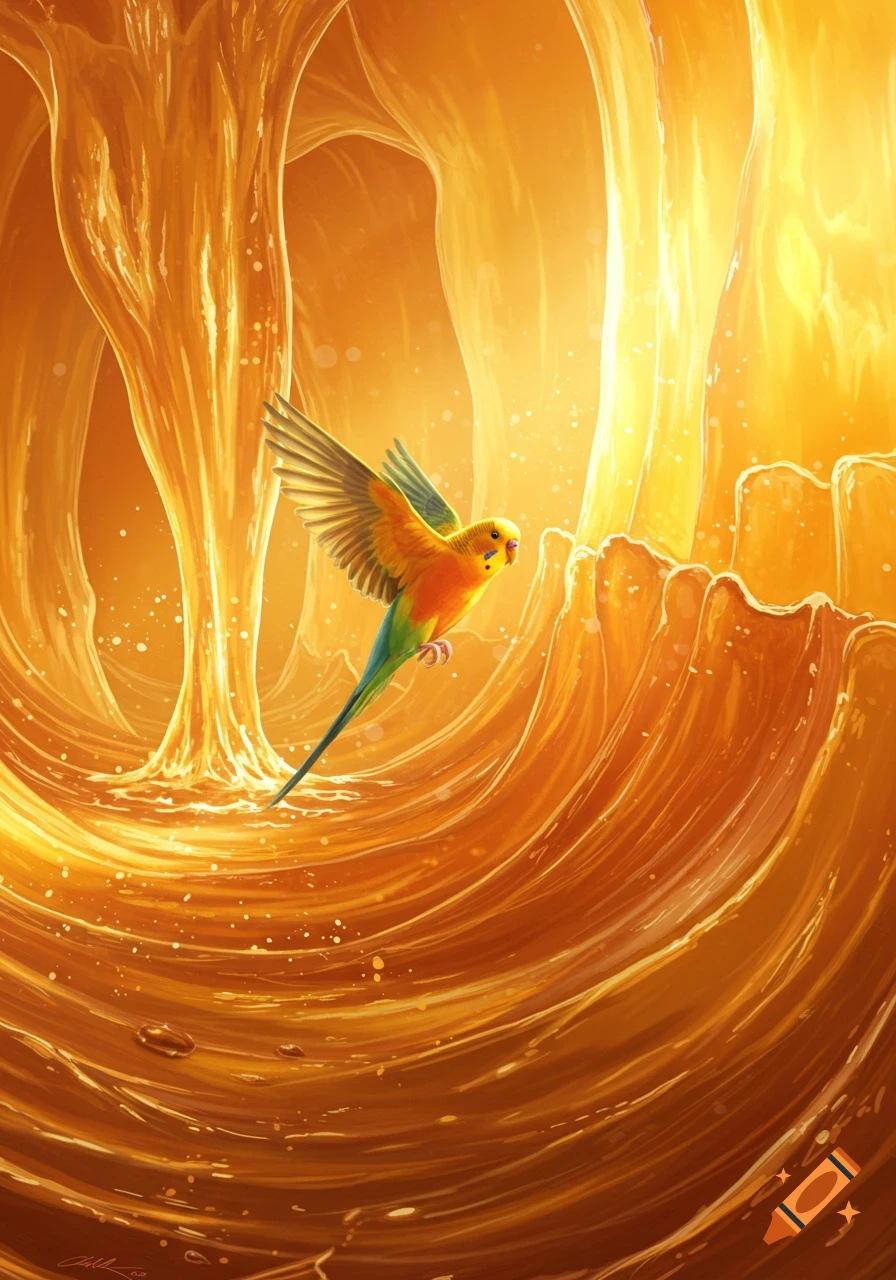 A vibrant parakeet with colorful plumage flies through a warm, golden, translucent, wavy jelly-like cavern with bright light.