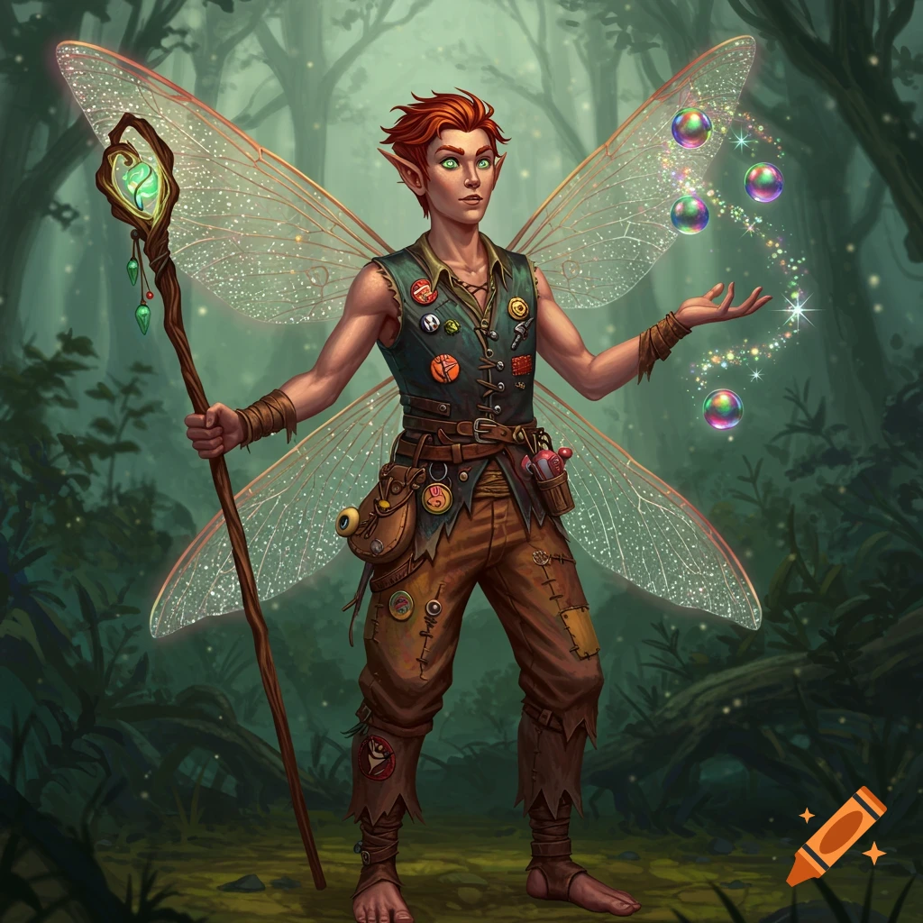 A male fairy sorcerer with red hair and translucent wings stands in a forest, holding a staff and juggling sparkling, rainbow-colored bubbles.