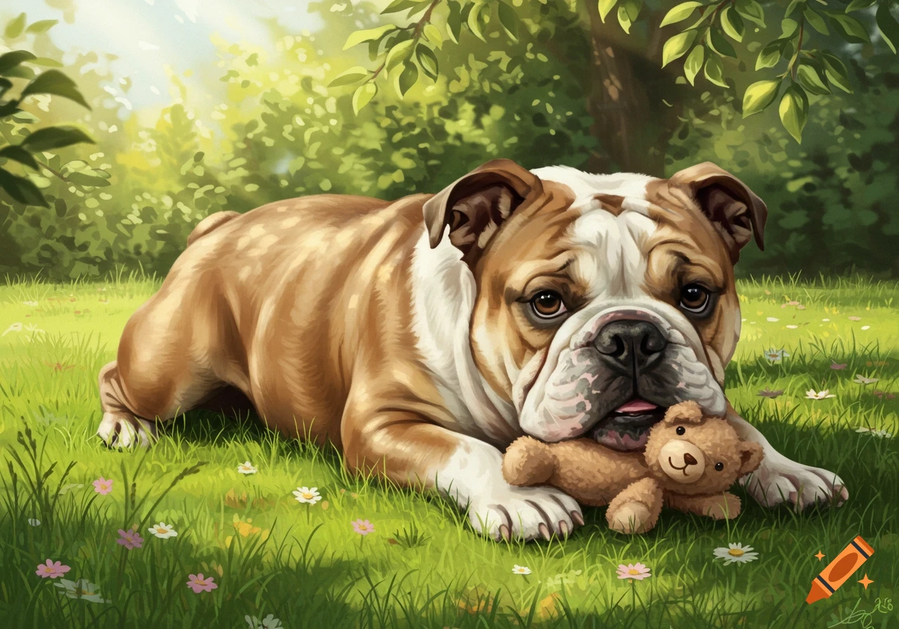 An English bulldog lies in a grassy field, holding a teddy bear in its mouth, rendered in an illustrative style.