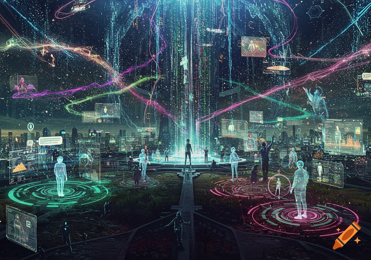 A futuristic cityscape with a central glowing data pillar, surrounded by people interacting with glowing holographic screens and swirling data streams.
