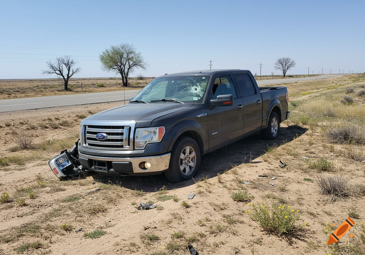 Dark grey Ford F-150 pickup truck with front-end damage and a bullet hole in the windshield, parked off a road in a dry, sparse, desert-like landscape under a clear sky.