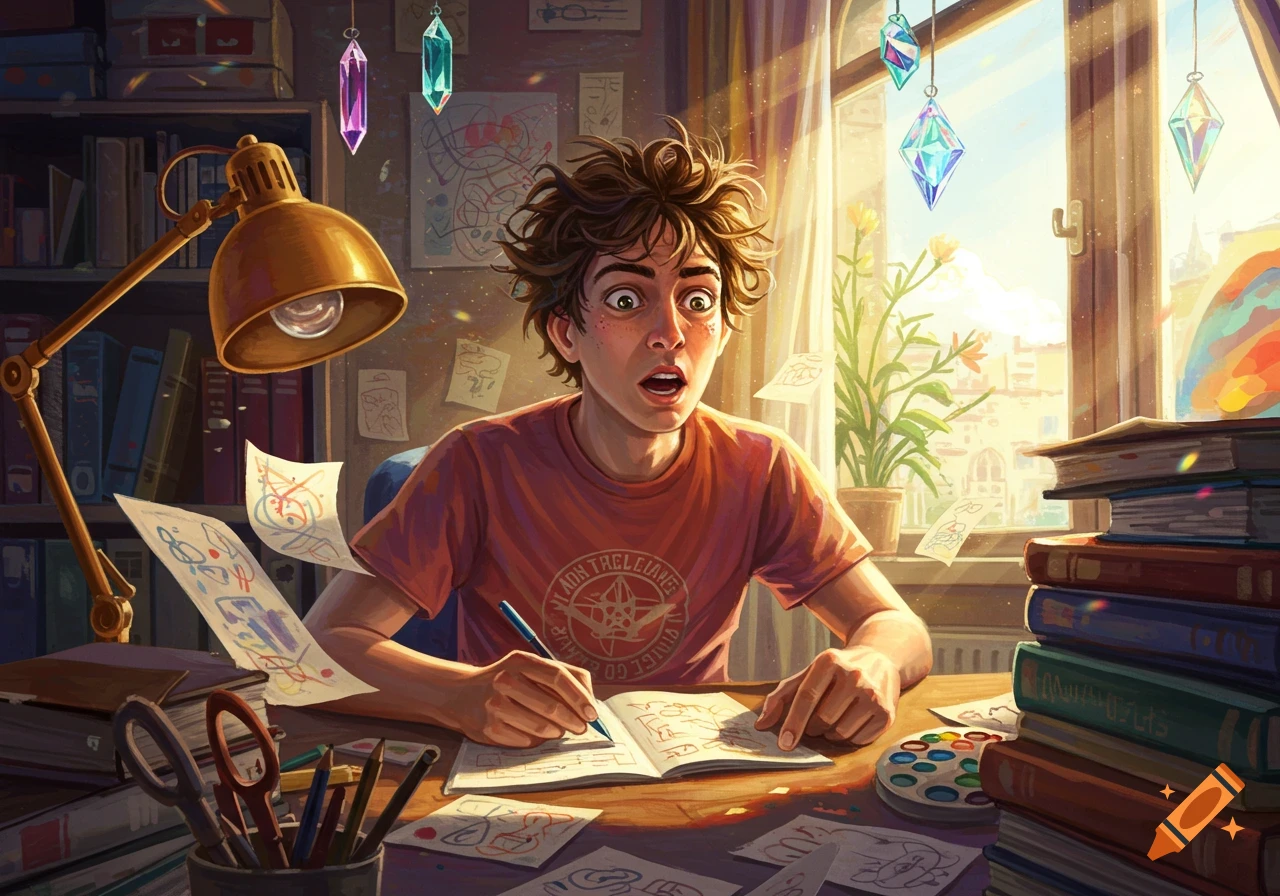 A wide-eyed boy with messy hair draws in a notebook at a sunlit desk with art supplies, books, and floating papers in a vibrant illustration.
